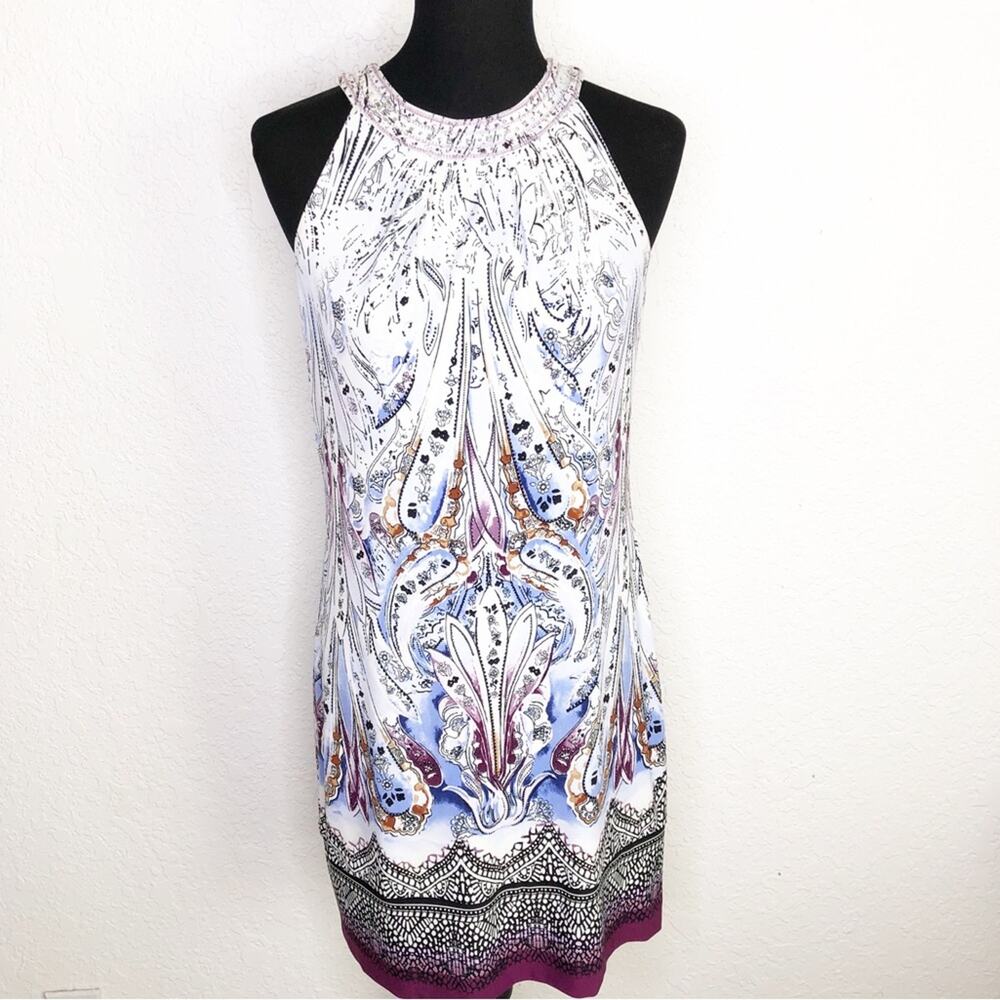 WHBM‎ white black blue graphic halter open strappy back sleeveless dress Small